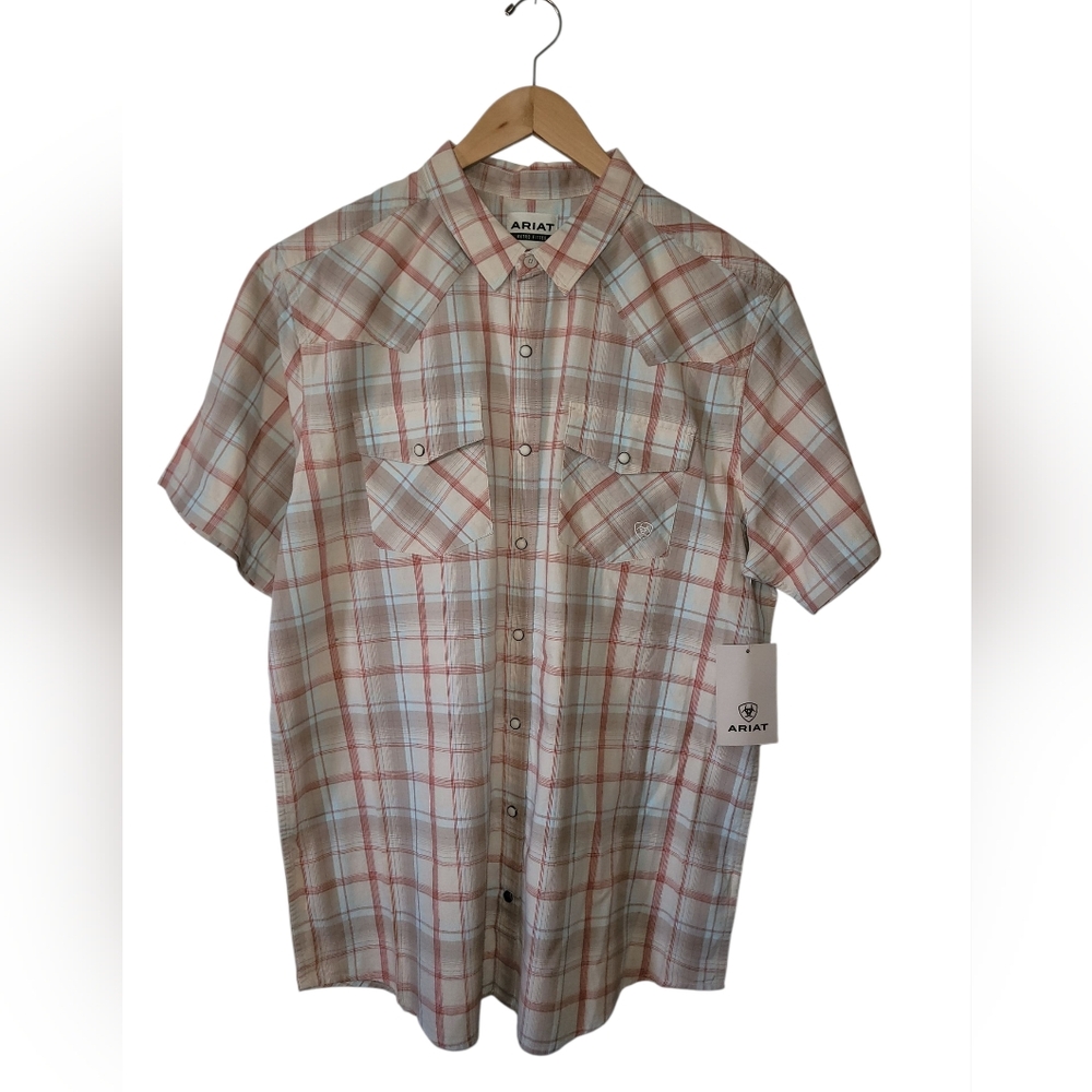 ARIAT HORTON RETRO SS SHIRT MENS XLT TALL Pearl Snaps Red Beige Plaid Western - Picture 2 of 10